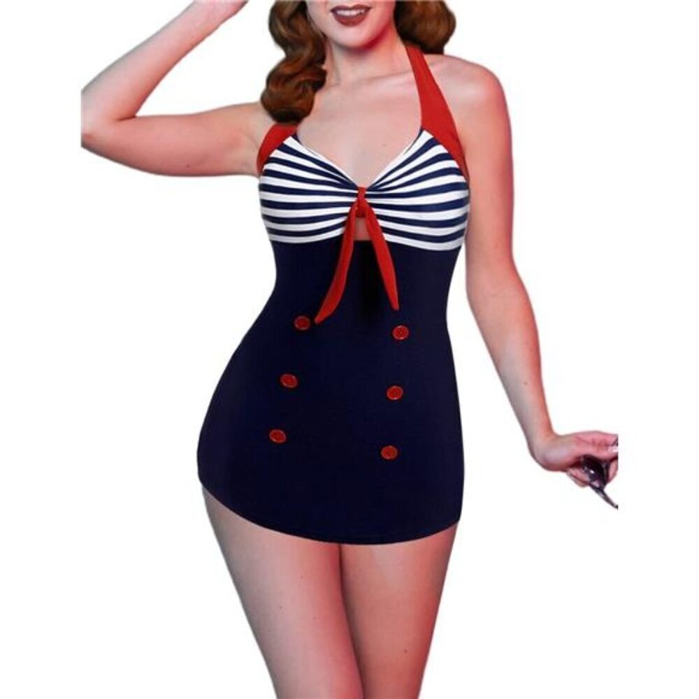 Womens Vintage Striped One Piece Swimsuit Monokini Boyleg Swimwear